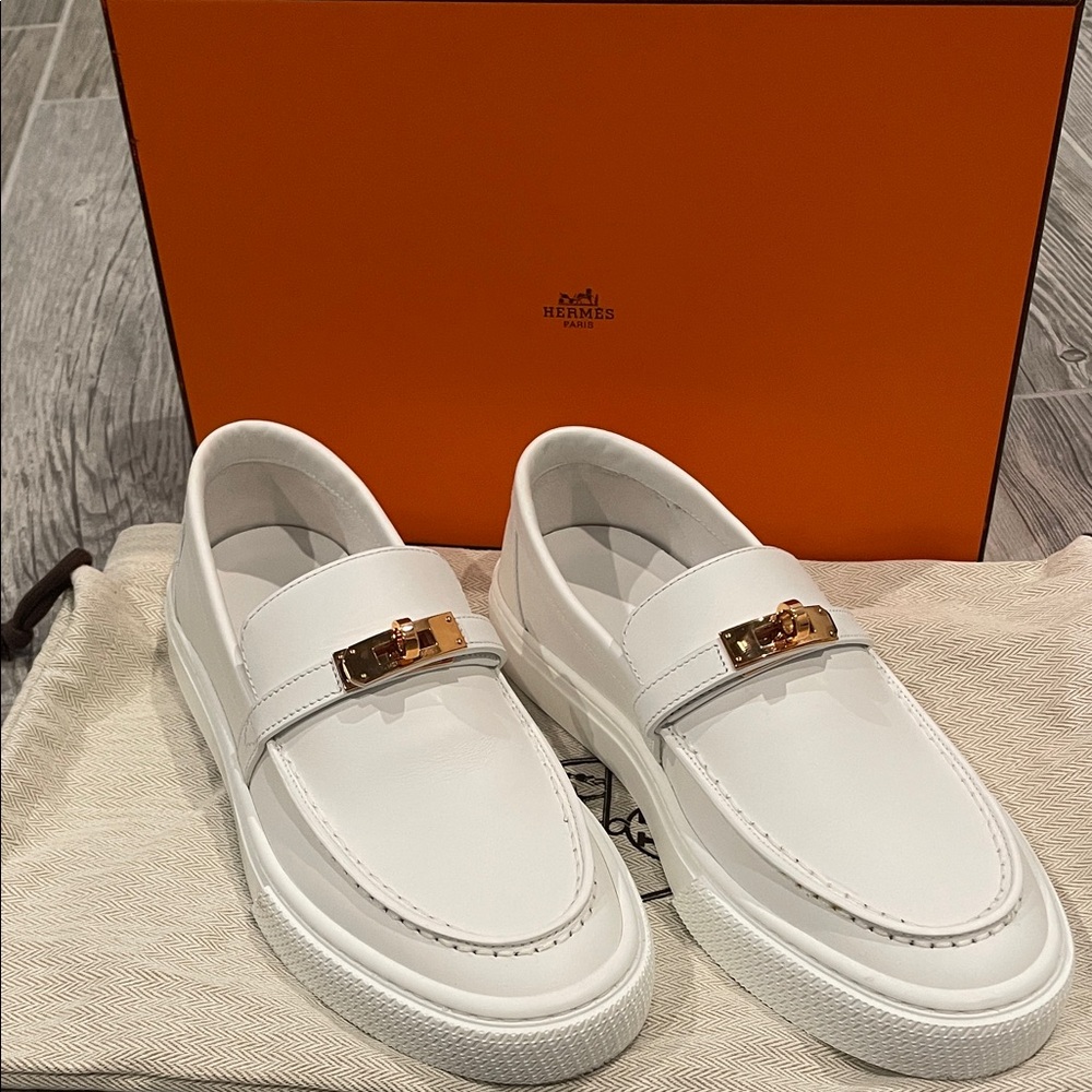 Hermes White Leather Women's Sneakers with Gold Accent